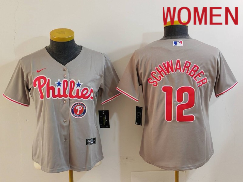 Women Philadelphia Phillies 12 Schwarber Grey Game Nike 2024 MLB Jersey style 3